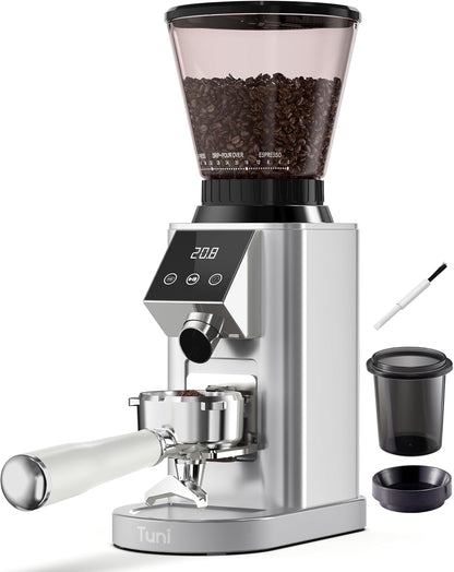 Tuni G1 Conical Burr Coffee Grinder - 48 Grind Settings, Precision Timer & LED Touchscreen - Stainless Steel Silver