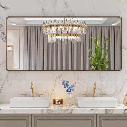 LOAAO Bronze Bathroom Mirror - 60”x28” Rounded Rectangle with Anti-Rust Brushed Metal Frame | Versatile Hanging Options