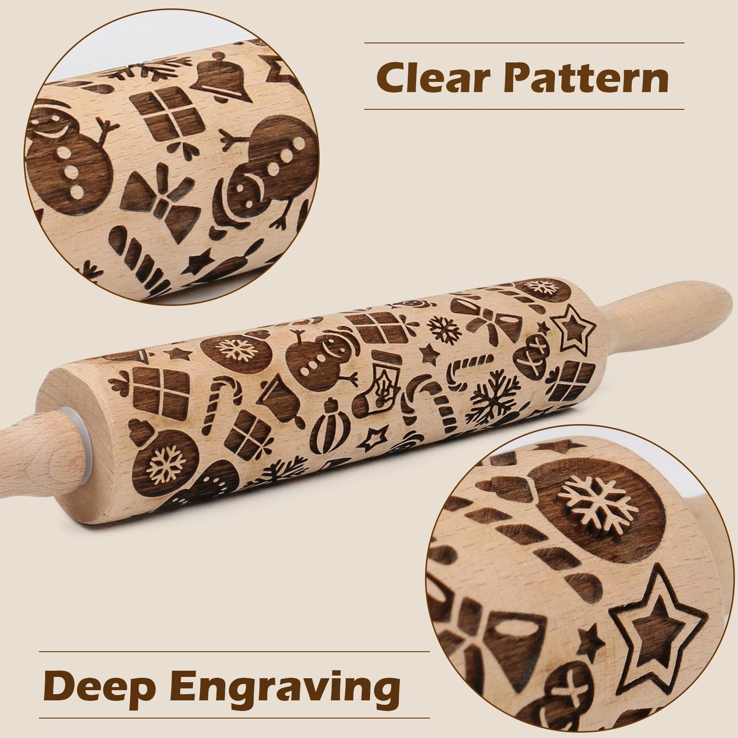 Embossed Rolling Pin for Baking Cookies Christmas Embossing Rolling Pins with Design Wooden Engraved Springerle Roller Pin Dough Patterned Clay Pottery Ceramic Bakers Women Kids (Snowflake & Snowman)