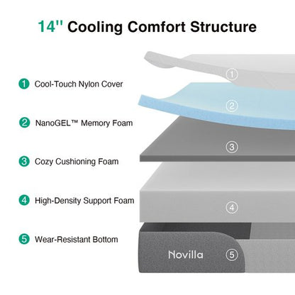 Novilla Queen Mattress 14 Inch, Gel-Infused Bliss Cooling Queen Memory Foam Mattress in a Box with Cool-Touch Nylon Cover, Pain Relief & Spinal Support with CertiPUR-US Certified Foam
