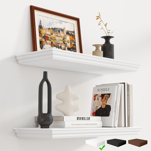 Fun Memories Floating Shelves - 24 Inch Classic Crown Molding Rustic Wooden Wall Decor | White, 2-Pack