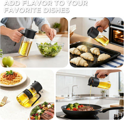 PLAPITATE Premium Olive Oil Sprayer - 2-in-1 Glass Dispenser with Portion Control | 17oz/500ml Black