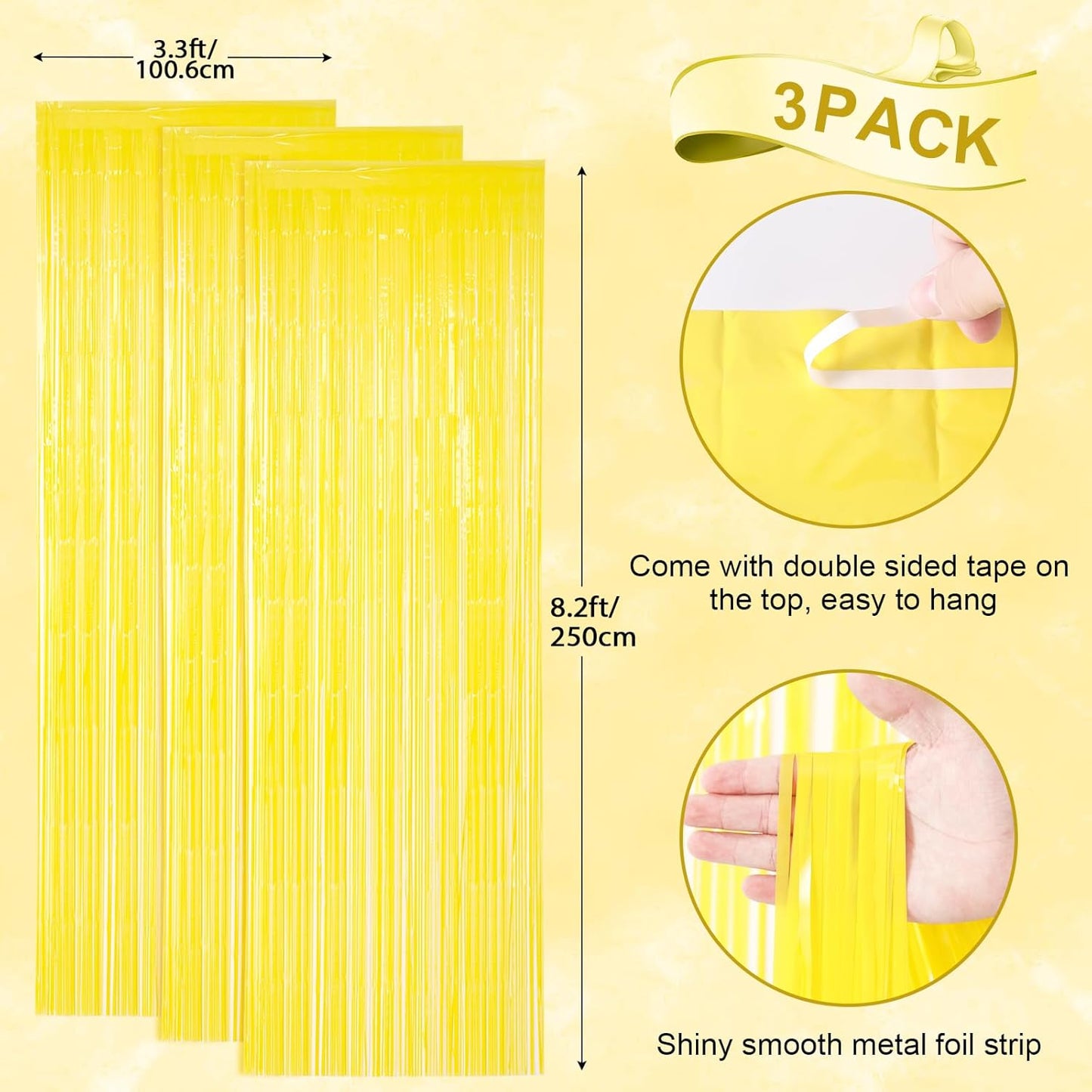 Voircoloria Foil Fringe Backdrop Curtains - 3 Pack of 3.3 x 8.2 ft Pastel Yellow Tinsel Streamers for Parties