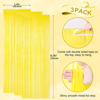 Voircoloria Foil Fringe Backdrop Curtains - 3 Pack of 3.3 x 8.2 ft Pastel Yellow Tinsel Streamers for Parties