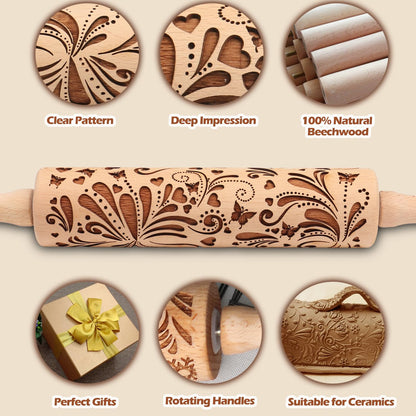 Embossed Rolling Pin for Baking Cookies Embossing Rolling Pins with Design Wooden Engraved Springerle Roller Pin Dough Christmas Patterned Clay Pottery Ceramic Bakers Women (Floral Butterfly Flower)