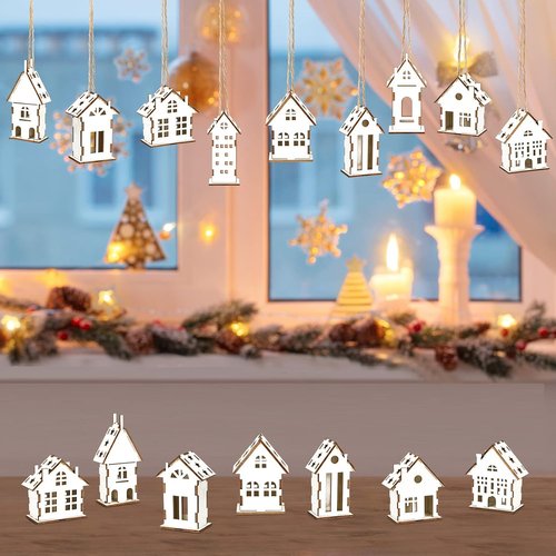 Coume Christmas Wooden Ornaments - 9 Pcs Rustic White House Cutouts for DIY Tree Decorations