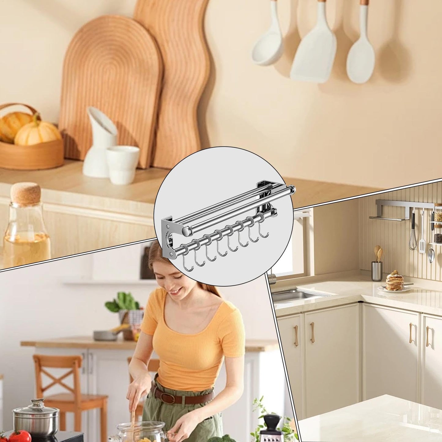 semofcen Kitchen Utensil Holder Hanger 30/40/50CM Stainless Steel Multifunctional Slide Rail Hook Space Saving Utensil Rack No Drilling Kitchen Rail for Hanging Cooking Utensils Mugs Spoons