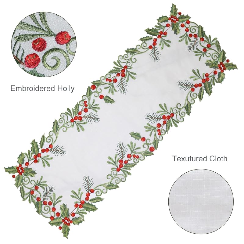 Christmas Table Runner Holly Red Berry White—13x48in, Embroidered 100% Polyester Variation: White+13x48IN