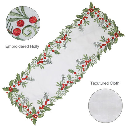 Christmas Table Runner Holly Red Berry White—13x48in, Embroidered 100% Polyester Variation: White+13x48IN