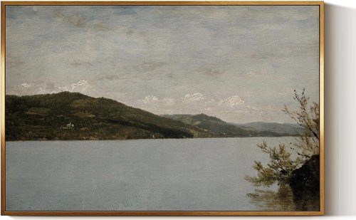 InSimSea Golden Framed Vintage Canvas Wall Art - Rustic Lake George Painting | Moody Grey Blue Landscape Decor for Bedroom, Living Room, Bathroom