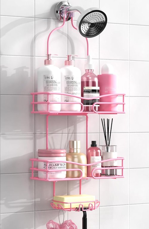 DAOYA Pink 3-Tier Shower Caddy - Overhead Organizer with Soap Holder & 6 Hooks for Bathroom Storage