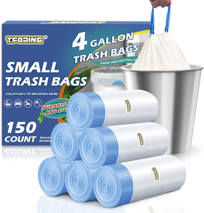 Skiennix 150 Count Drawstring Trash Bags - Heavy Duty 1.1 Mil Unscented 4 Gallon Liners for Bathroom & Office