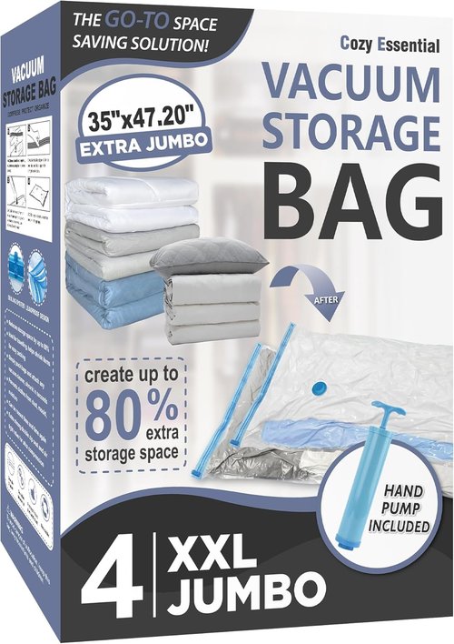 Cozy Essential Vacuum Storage Bags - 80% Compression Space Saver for Clothes & Bedding | 4 XXL Jumbo Bags