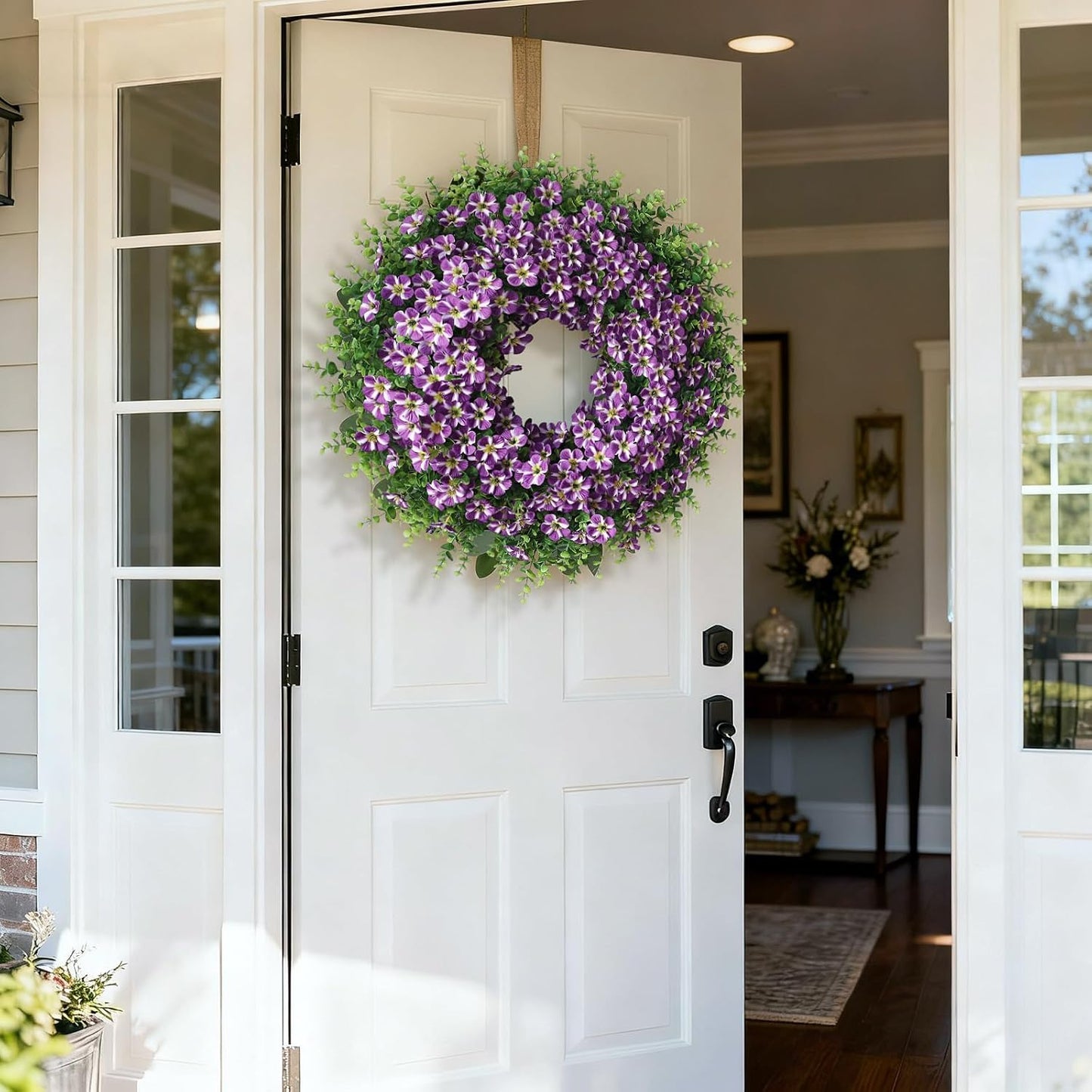 Skiennix 26" Large Artificial Eucalyptus Wreath - Realistic Faux Silk Morning Glory Flowers for Home & Wedding Decor (Purple)