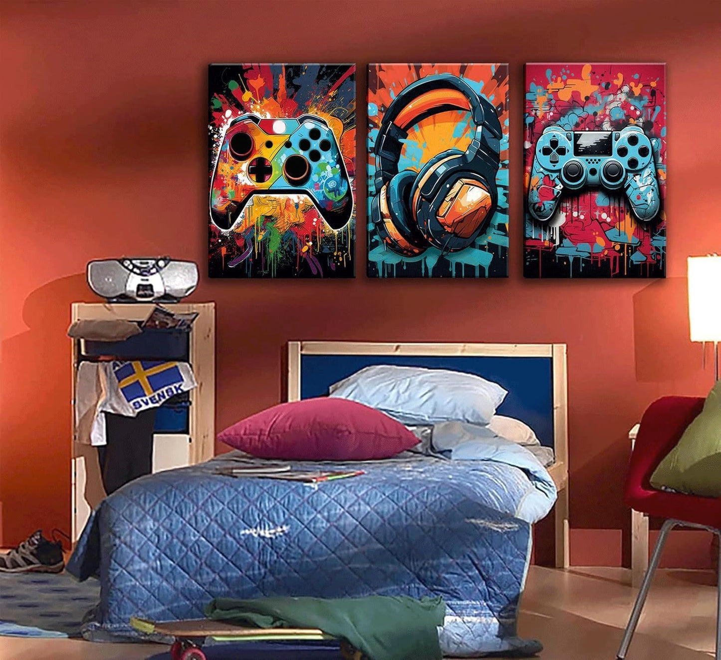 Skiennix Retro Video Game Wall Art - 3Pcs Colorful Neon Gamepad Canvas Prints | 16x24in Ready to Hang