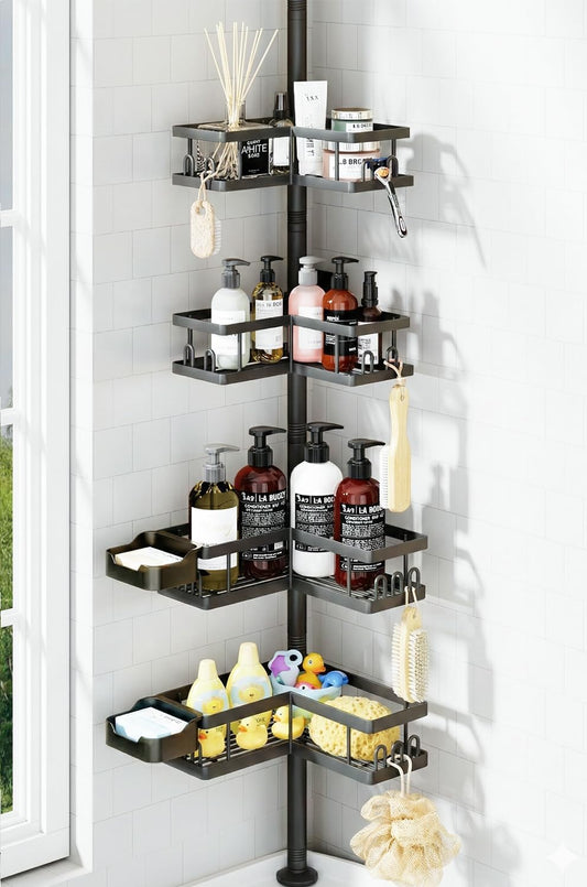 YASONIC Corner Shower Caddy - Adjustable Tension Pole Organizer | Rust-Resistant, No-Drill Installation, Black