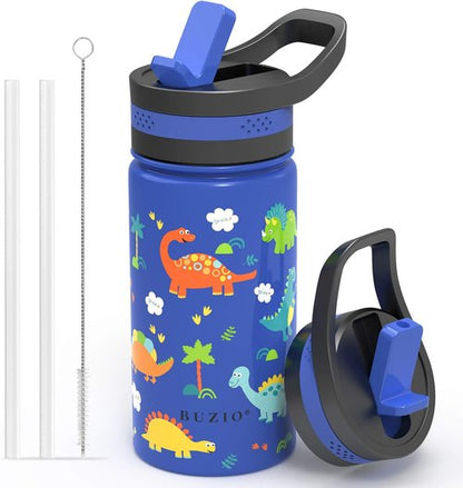 BUZIO Kids Insulated Water Bottle - 14oz Stainless Steel Flask with 2 Tritan Straw Lids | Blue Dinosaur Design