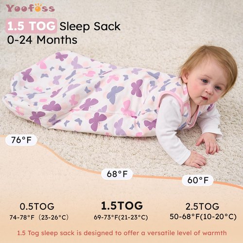 Yoofoss Baby Sleep Sack 0-6 Months, 1.5 Tog Baby Wearable Blanket with 2-Way Zipper, 100% Cotton Organic Fabric Winter Infant Sleeping Sack, Warm Soft Comfy