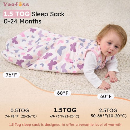 Yoofoss Baby Sleep Sack 0-6 Months, 1.5 Tog Baby Wearable Blanket with 2-Way Zipper, 100% Cotton Organic Fabric Winter Infant Sleeping Sack, Warm Soft Comfy
