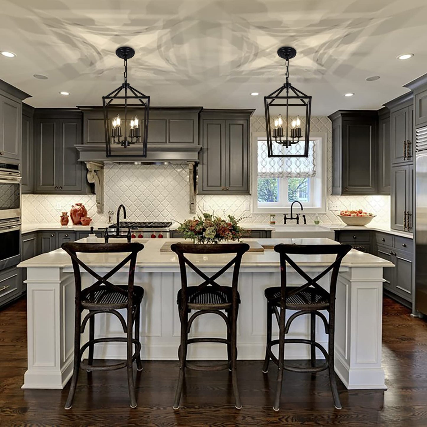 PAKOKULA 4-Light Black Farmhouse Chandelier Iron Lantern Pendant Light Rustic Cage Hanging Light Fixtures Industrial Foyer Lights for Kitchen Island Dining Room Hallway Foyer Entryway