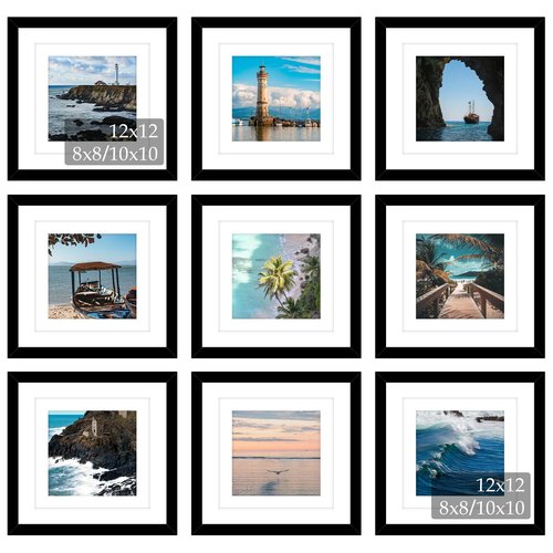 JCJMY 9 Pack 12x12 Picture Frame Gallery Wall Frame Set for 8x8 or 10x10 with 2 Mats or 12x12 Without Mat, Square Collage Wall Decor Photo Frames Bulk Set of 9 for Wall Hanging, Black