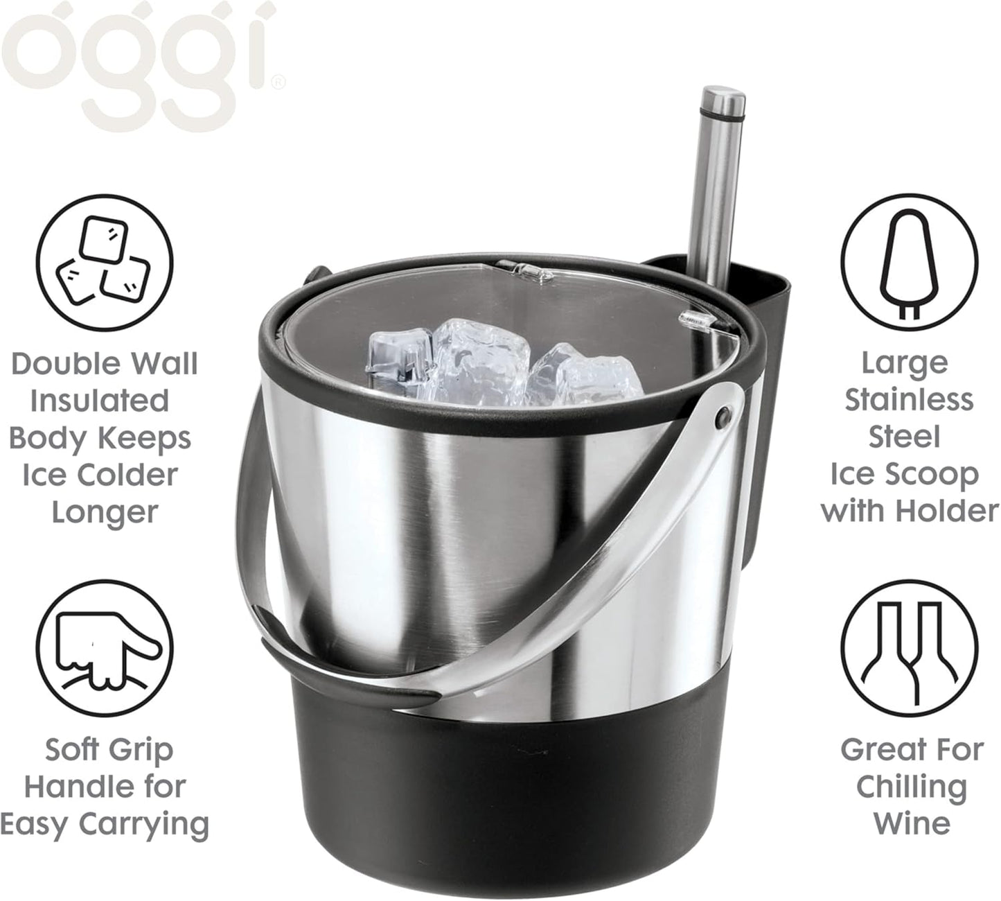 Oggi Insulated Ice Bucket, 4 Quart / 3.8 L, Stainless Steel, Black.