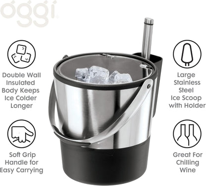 Oggi Insulated Ice Bucket, 4 Quart / 3.8 L, Stainless Steel, Black.