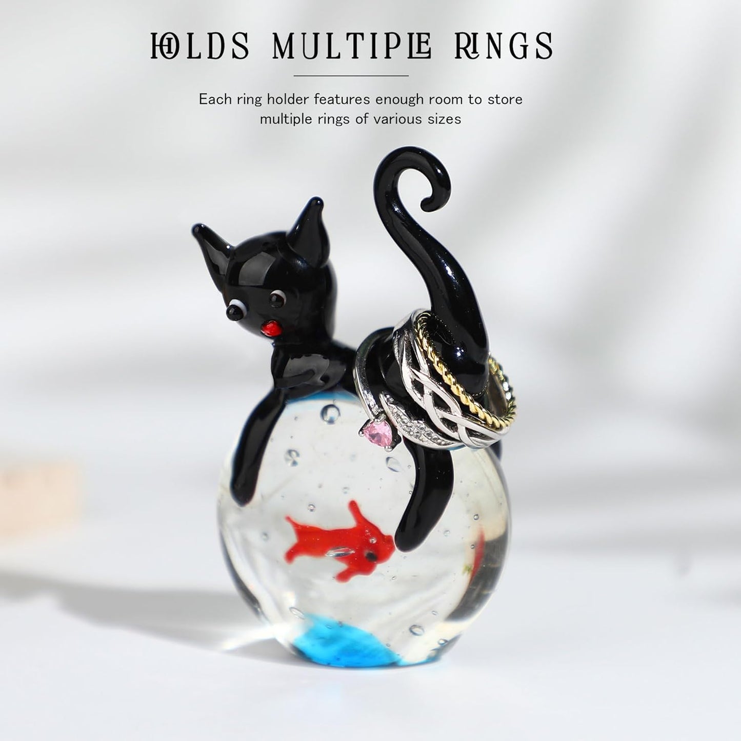 QFkris Blown Glass Black Cat Figurine - 1.6" Mini Glass Animal Sculpture | Unique Home Decor Gift for Cat Lovers