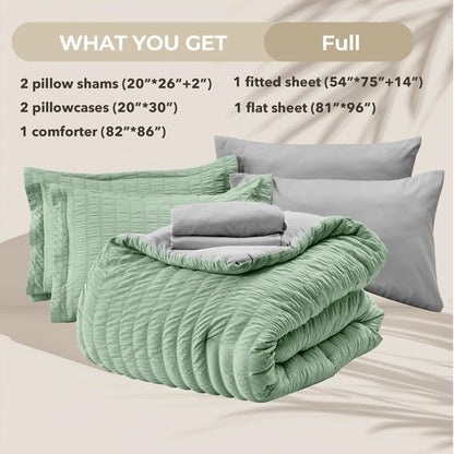 HYMOKEGE Sage Green/Light Grey Full Size Comforter Sets Seersucker 7 Pieces, All Season Luxury Bed in a Bag for Bedroom, Bedding Set with Comforter, Sheets, Pillowcases & Shams