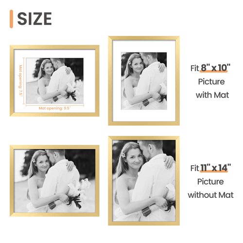 upsimples 11x14 Picture Frame, Display Pictures 8x10 with Mat or 11x14 Without Mat, Wall Hanging Photo Frame, Gold, 1 Pack