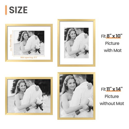upsimples 11x14 Picture Frame, Display Pictures 8x10 with Mat or 11x14 Without Mat, Wall Hanging Photo Frame, Gold, 1 Pack