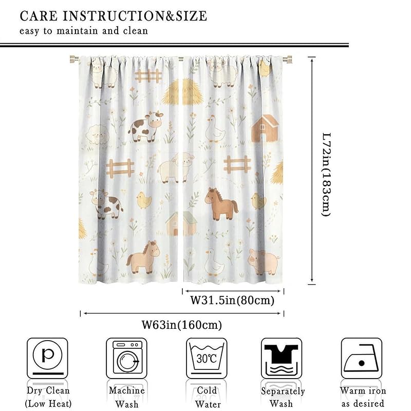 Farm Animal Kids Curtains 63W x 72L Pack of 2 - Light Filtering Nursery Drapes