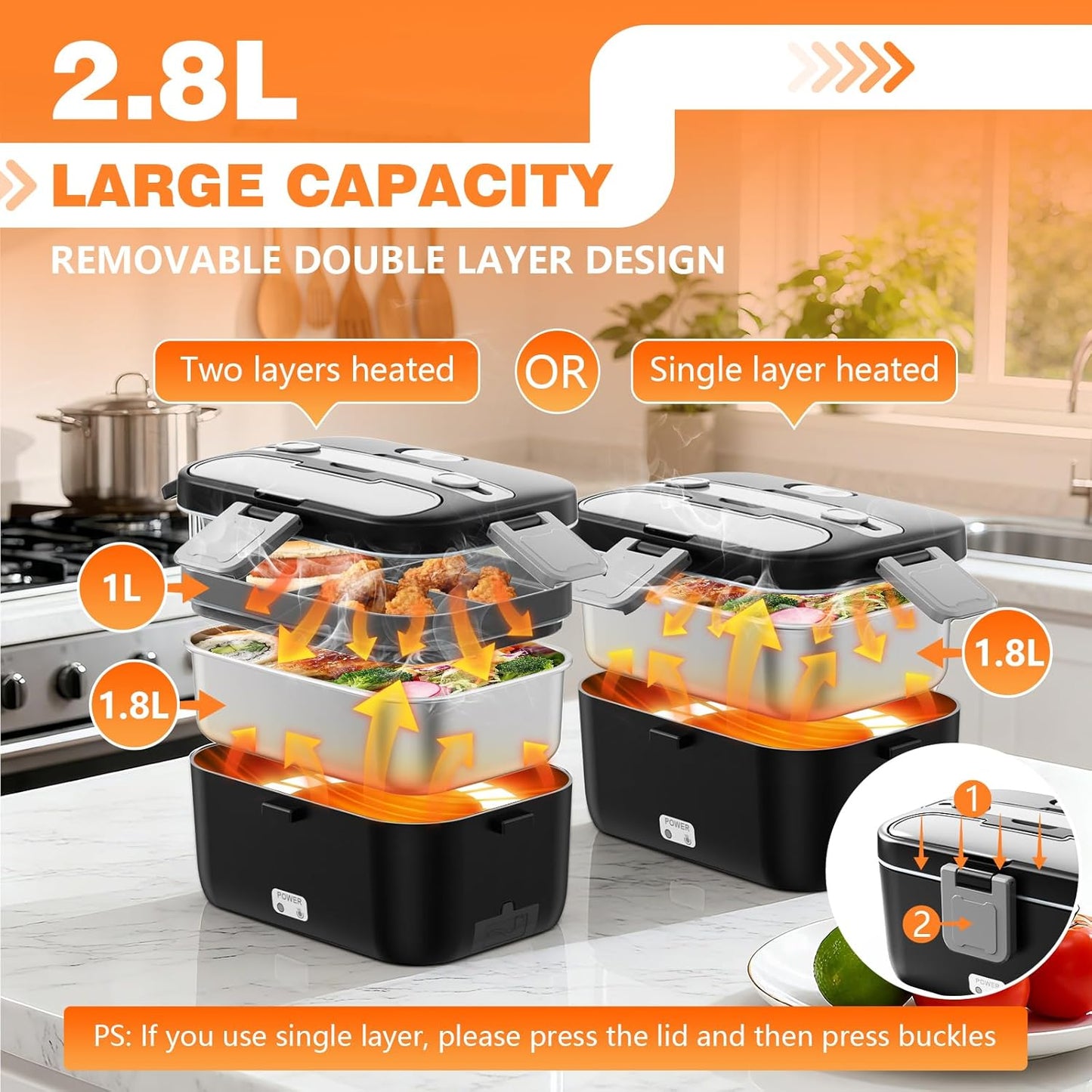 Skiennix Electric Lunch Box - 2.8L Double Layer Food Heater for Home, Office & Travel - Black