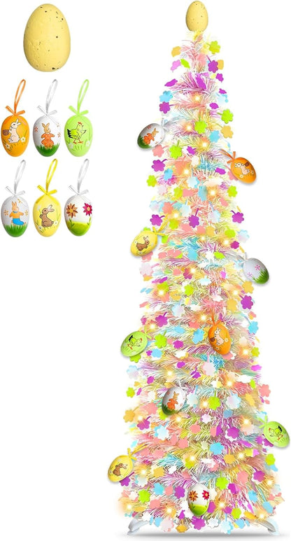 **Skiennix 5Ft Lighted Easter Tree - 50 LED Warm White Lights & Colorful Egg Ornaments | Battery Operated, Collapsible Design**