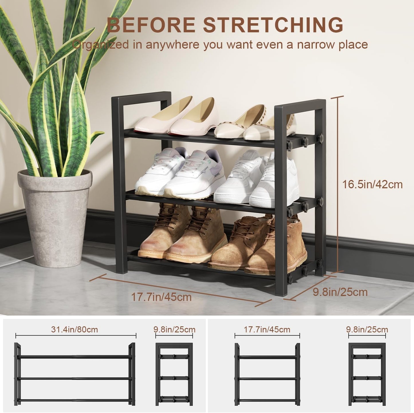 Skiennix 3-Tier Expandable Shoe Rack - Adjustable Heavy-Duty Metal Organizer for Entryway | Black