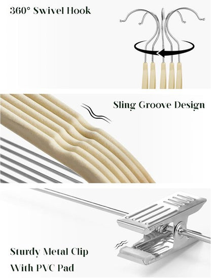 Cozymood Velvet Hangers - Ultra-Thin Non-Slip Clips for Skirts & Pants - Pack of 24 (Beige)
