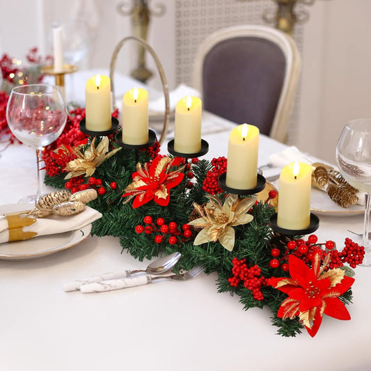 Sliner Christmas Tabletop Centerpiece - 30-Inch Poinsettia Candle Holder with 5 LED Flameless Candles & Pine Cones