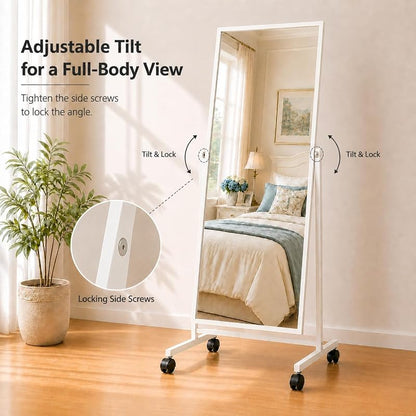 Full Length Mirror with Wheels 65 x 22 in Freestanding White Wood Frame - Adjustable Tilt