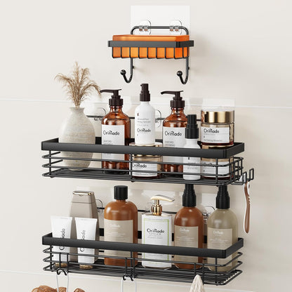 Orimade Adhesive Shower Caddy - Wall-Mounted Soap Dish Holder with 5 Hooks | Stainless Steel, Black - 3 Pack