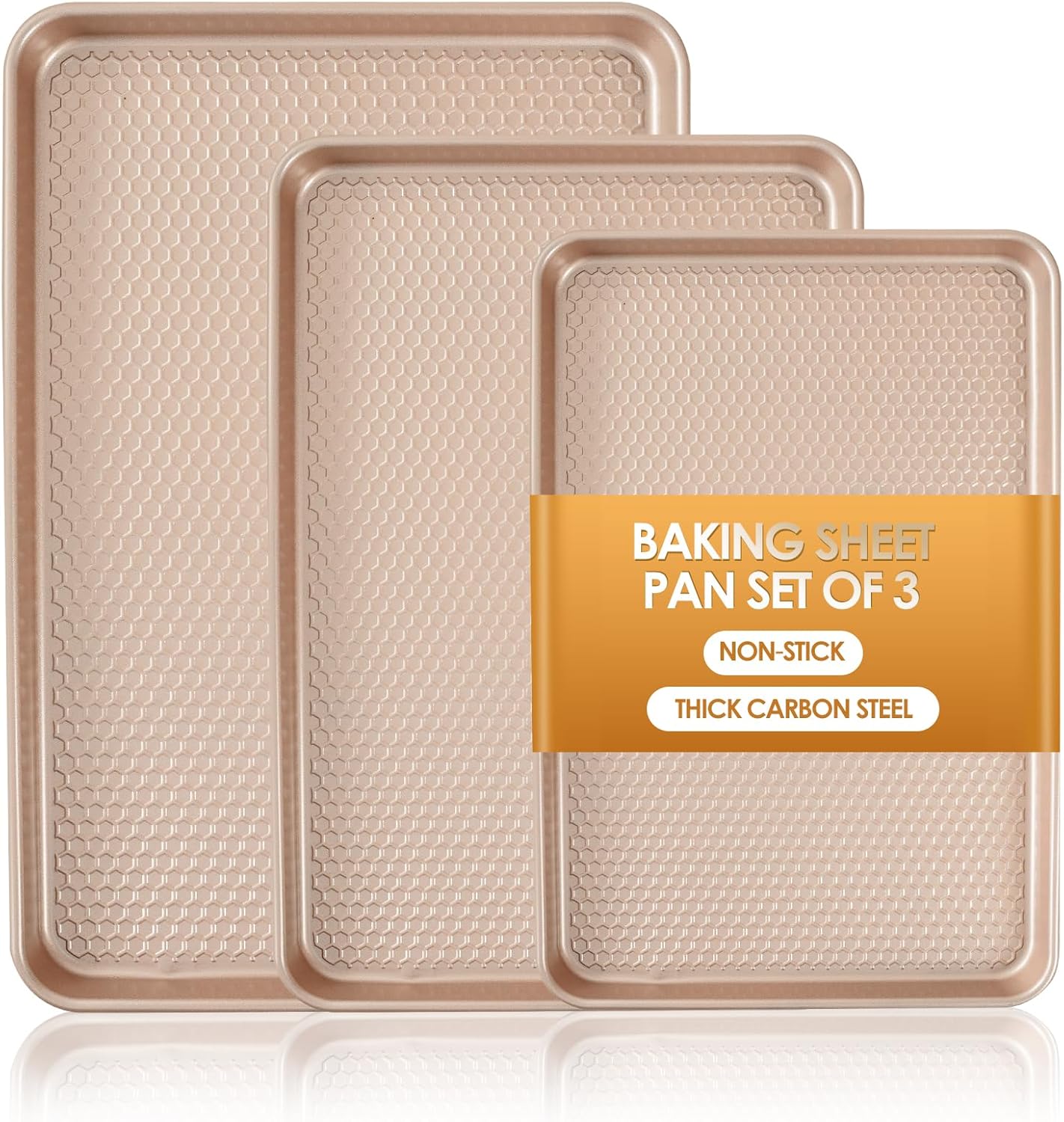 Skiennix Nonstick Baking Sheet Pan Set - 3 Heavy-Duty Carbon Steel Cookie Sheets | Easy Clean Rose Gold