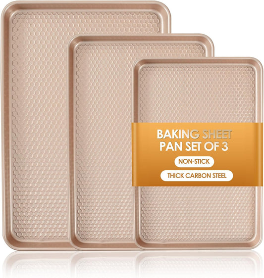 Skiennix Nonstick Baking Sheet Pan Set - 3 Heavy-Duty Carbon Steel Cookie Sheets | Easy Clean Rose Gold