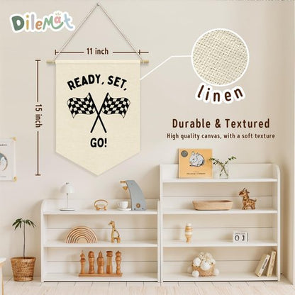 Dilemat Race Car Room Decor for Boys Linen Pennant Banner - Ready Set Go Racing Pennant Flag Banner Wall Hanging Decor for Car Room Decor for Boys Playroom Nursery