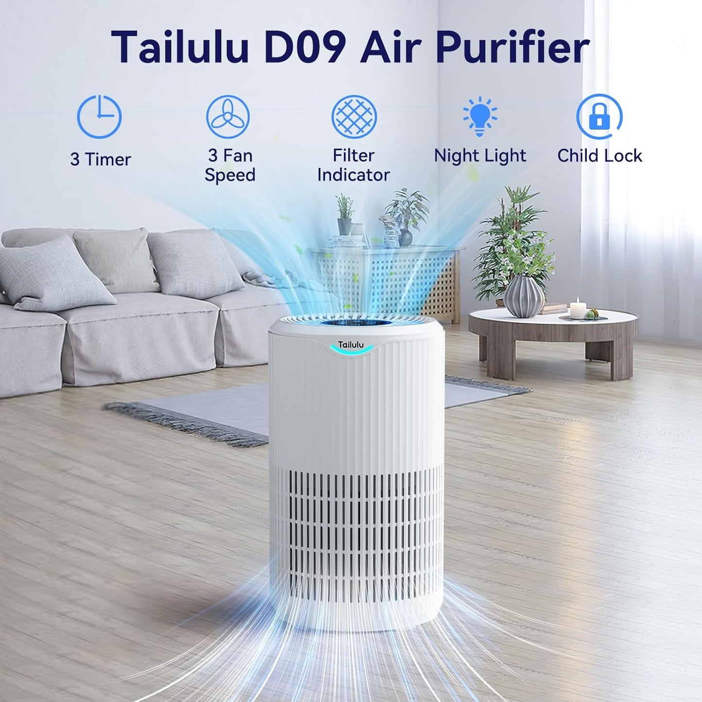 Tailulu H13 HEPA Air Purifier - 360° Air Intake & Outlet for Large Rooms Up to 1680 Ft² | Quiet 15dB Sleep Mode