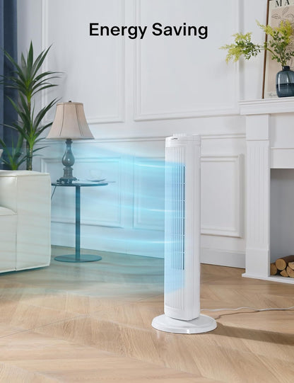 PELONIS 30-Inch Oscillating Tower Fan - 3 Speed Settings & Auto-Off Timer | Stylish White Design