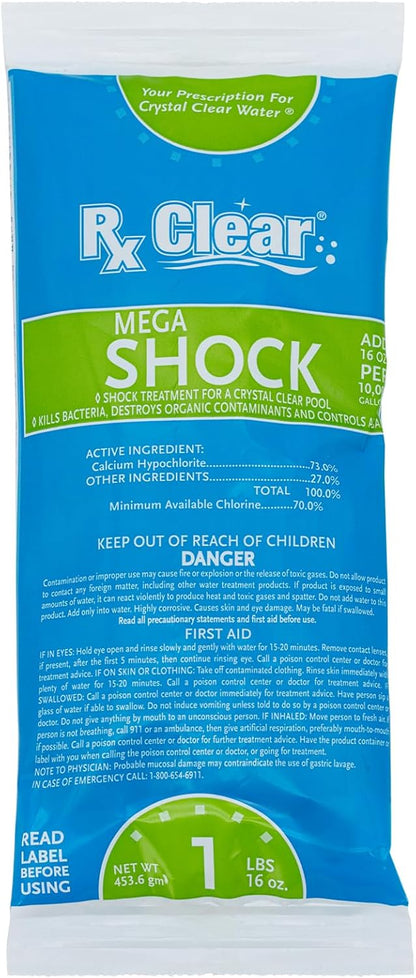 Rx Clear Mega Shock - 73% Calcium Hypochlorite Pool Sanitizer | Kills Algae & Clarifies Water | 1 lb Bag