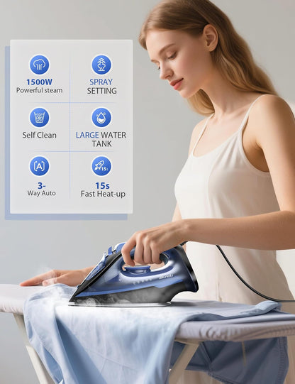 Sundu Steam Iron - 1500W Rapid Heating with Ceramic Soleplate & Auto-Off | 15.21oz Water Tank, Blue