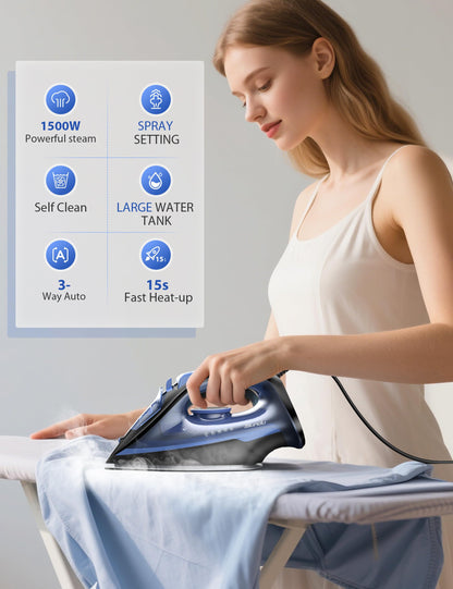 Sundu Steam Iron for Clothes with Rapid Heating Ceramic Coated Soleplate, 1500W with Precise Thermostat Dial, Self-Cleaning, Auto-Off, 15.21oz Water Tank for Home Clothes Ironing Use, Blue