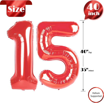 Red Number 15 Balloon - 40 Inch Birthday Decoration for 15th Party | Perfect for Boys & Girls