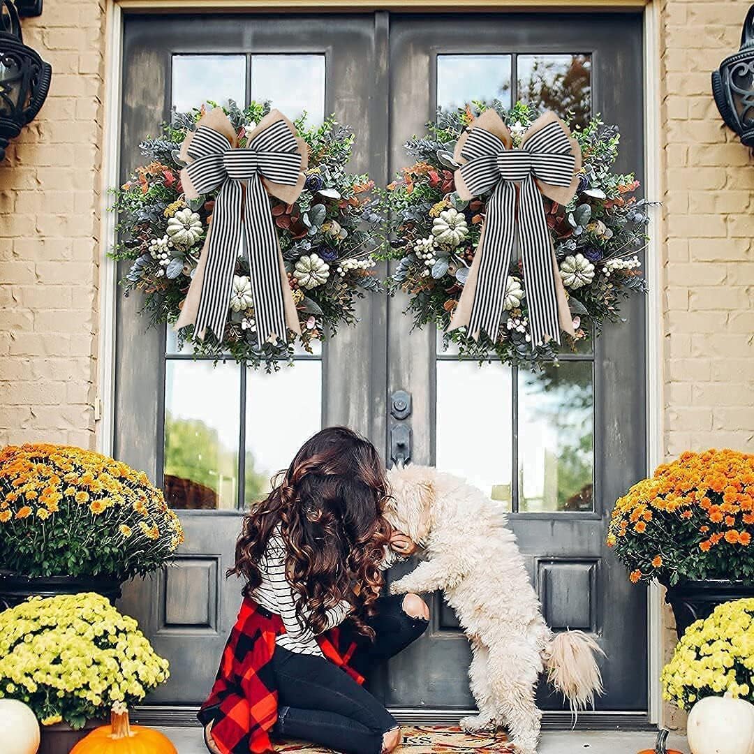 Regine Switzerland 2-Pack Black & White Stripe Burlap Fall Bows - Rustic Wreath Decorations for Home & Events