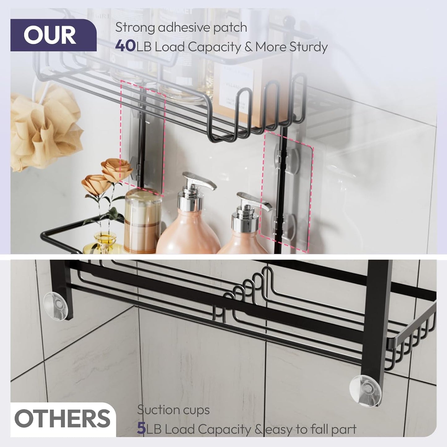 SWTYMIKI Bathroom Shower Caddy - 3-Tier Rustproof Overhead Organizer with 16 Hooks & Soap Holder | Black